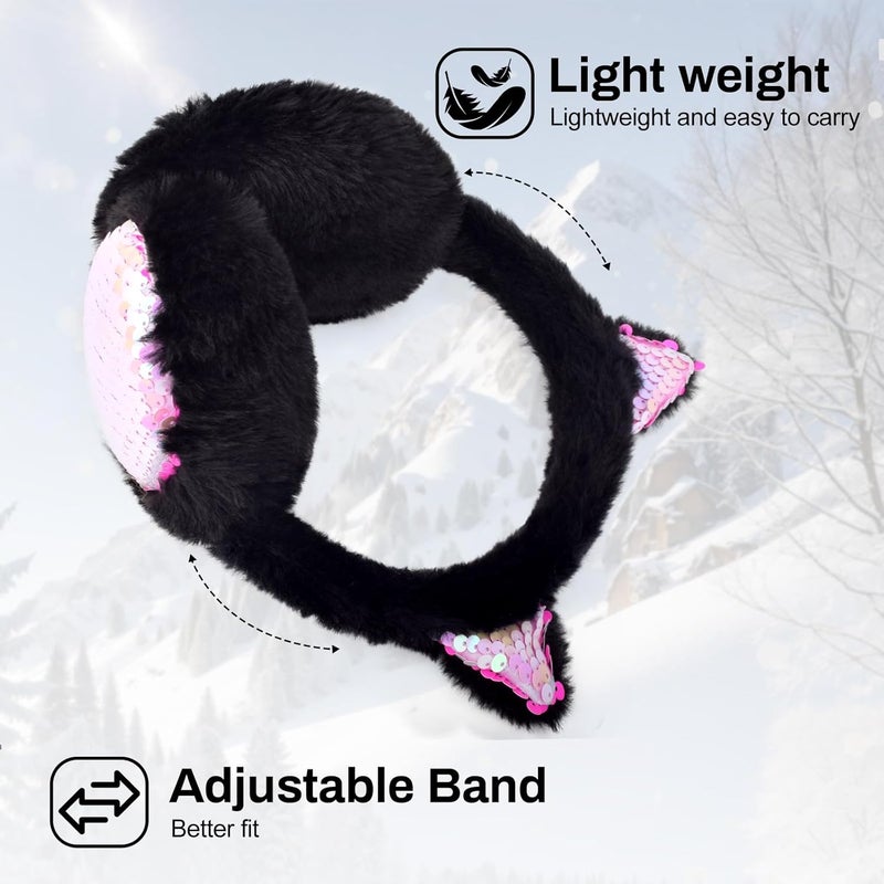 EDCYF Ear Muffs Gloves Set for Kids Girls Winter Ear Muffs Adjustable Sequins Warm Earmuffs Furry Outdoor - Image 4